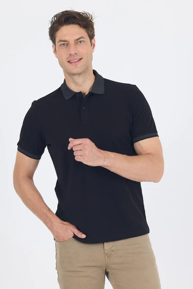 Siyah Polo Yaka Kısa Kol Cepsiz Slim Fit :%100 Pamuk Tişört 1011250182 ürün görseli