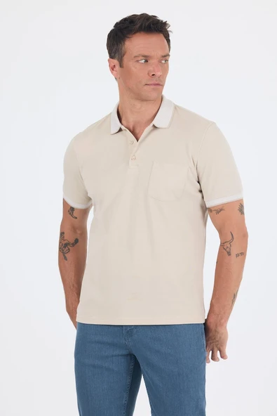Bej Polo Yaka Kısa Kol Cepli Comfort Fit :%100 Pamuk Tişört 1011250181 - Resim 3