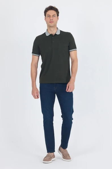 Koyu Haki Polo Yaka Kısa Kol Cepli Comfort Fit :%100 Pamuk Tişört 1011250181 - Resim 2