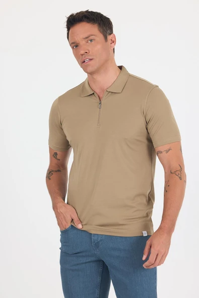 Koyu Vizon Kısa Kol Düz Suprem Polo Yaka Cepsiz Esnek Casual Slim Fit Tişört 1011250161_405 - Resim 4