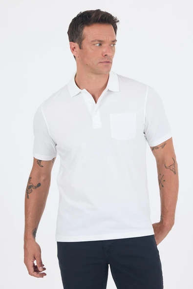 Beyaz Kısa Kol Polo Yaka Cepli Classic Standart Beden Tişört 1011250173 - Resim 3