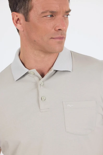 Açık Bej Kısa Kol Polo Yaka Cepli Classic Standart Beden Tişört 1011250173 - Resim 4