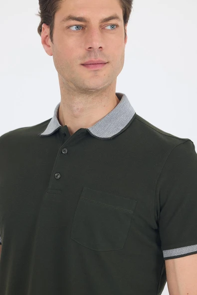Koyu Haki Polo Yaka Kısa Kol Cepli Comfort Fit :%100 Pamuk Tişört 1011250181 - Resim 4