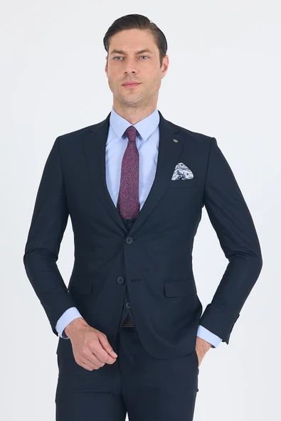 Lacivert Düz Bez Ayağı Mono Yaka 2 Düğme 6 Drop Slim Fit Basic Takım Elbise 1001250186_206 - Resim 3