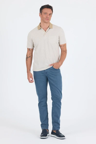 Bej Kısa Kol Polo Yaka Cepli Classic Standart Beden Tişört 1011250171 - Resim 2