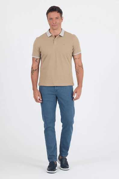 Koyu Bej Polo Yaka Kısa Kol Cepsiz Slim Fit :%100 Pamuk Tişört 1011250182 - Resim 2