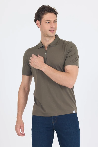 Koyu Haki Kısa Kol Düz Suprem Polo Yaka Cepsiz Esnek Casual Slim Fit Tişört 1011250161_720 - Resim 3