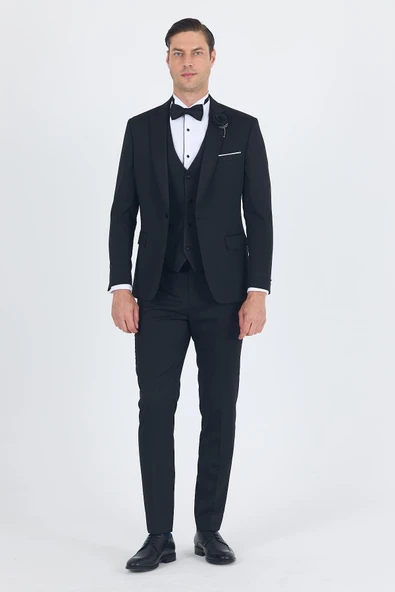 Siyah Mono Yaka Tek Düğme Slim Fit Yelekli Ceremony Takım Elbise 1001250201 - Resim 2