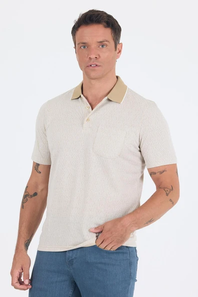 Bej Kısa Kol Polo Yaka Cepli Classic Standart Beden Tişört 1011250171 - Resim 3