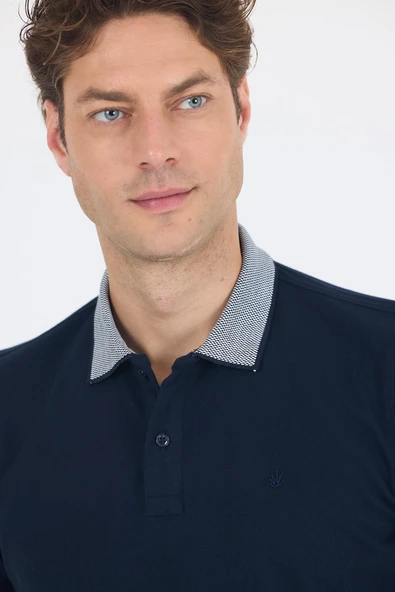 Koyu Lacivert Polo Yaka Kısa Kol Cepsiz Slim Fit :%100 Pamuk Tişört 1011250182 - Resim 4
