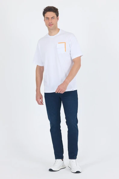 Beyaz Kısa Kol Bisiklet Yaka Kapaklı Cep Pamuk Casual Oversize Tişört 1011250131 - Resim 2