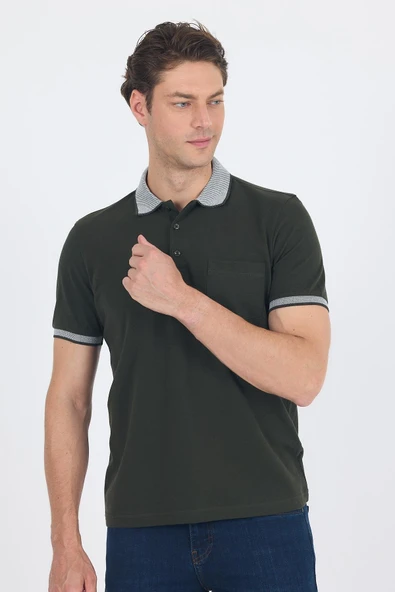 Koyu Haki Polo Yaka Kısa Kol Cepli Comfort Fit :%100 Pamuk Tişört 1011250181 - Resim 3