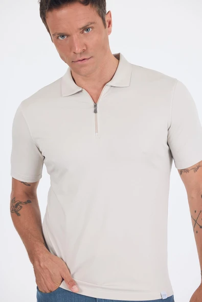 Taş Rengi Kısa Kol Düz Suprem Polo Yaka Cepsiz Esnek Casual Slim Fit Tişört 1011250161_610 - Resim 4