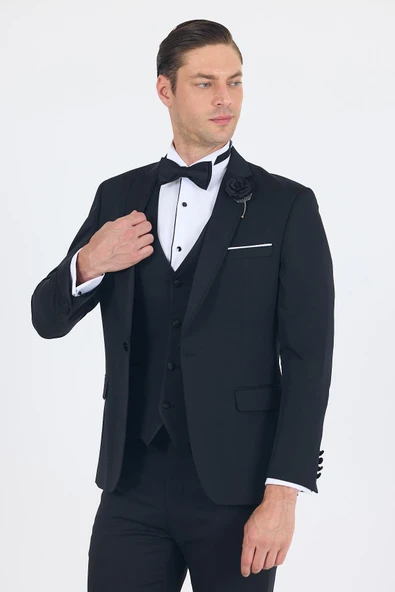 Siyah Mono Yaka Tek Düğme Slim Fit Yelekli Ceremony Takım Elbise 1001250201 ürün görseli
