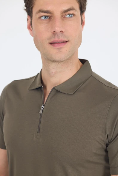 Koyu Haki Kısa Kol Düz Suprem Polo Yaka Cepsiz Esnek Casual Slim Fit Tişört 1011250161_720 - Resim 4
