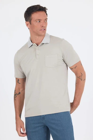 Açık Bej Kısa Kol Polo Yaka Cepli Classic Standart Beden Tişört 1011250173 - Resim 3