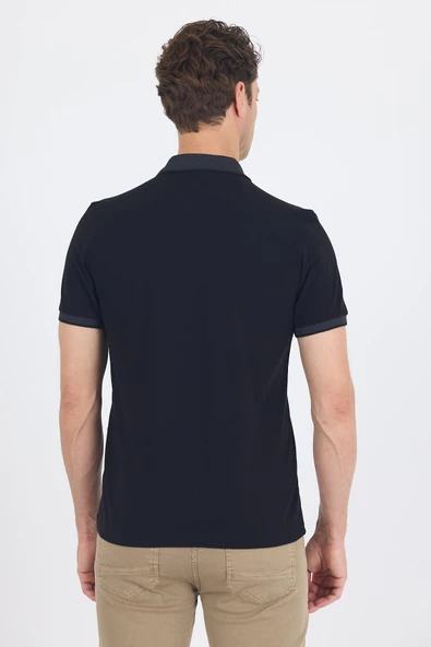 Siyah Polo Yaka Kısa Kol Cepsiz Slim Fit :%100 Pamuk Tişört 1011250182 - Resim 5