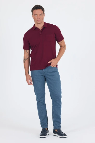 Bordo Kısa Kol Polo Yaka Cepli Classic Standart Beden Tişört 1011250173 - Resim 2