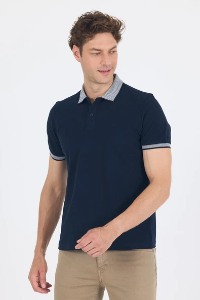 Koyu Lacivert Polo Yaka Kısa Kol Cepsiz Slim Fit :%100 Pamuk Tişört 1011250182 - Resim 3