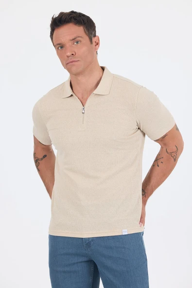 Bej Kısa Kol Düz Suprem Polo Yaka Cepsiz Pamuklu Casual Slim Fit Tişört 1011250162_591 - Resim 3