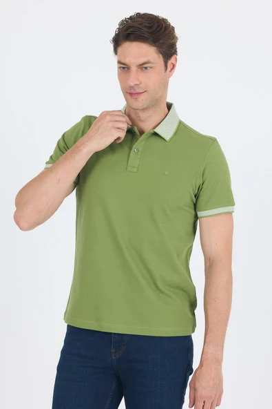 Fıstık Yeşili Polo Yaka Kısa Kol Cepsiz Slim Fit :%100 Pamuk Tişört 1011250182 - Resim 3