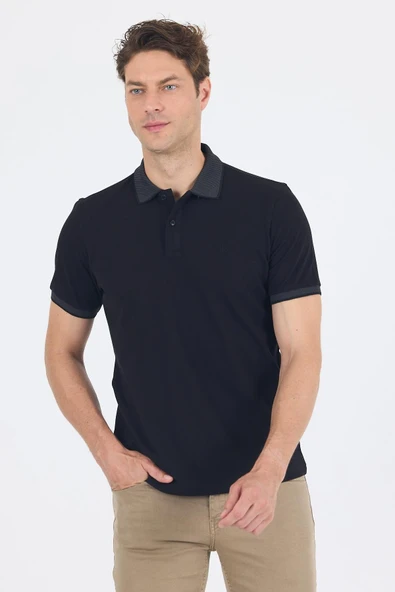 Siyah Polo Yaka Kısa Kol Cepsiz Slim Fit :%100 Pamuk Tişört 1011250182 - Resim 3