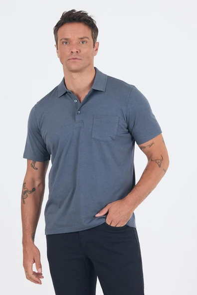 Füme Kısa Kol Polo Yaka Cepli Classic Standart Beden Tişört 1011250173 - Resim 2