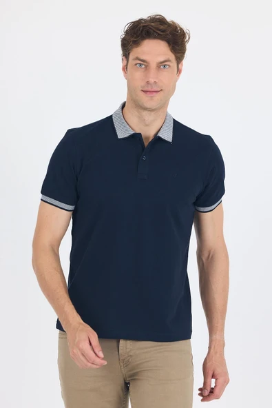 Koyu Lacivert Polo Yaka Kısa Kol Cepsiz Slim Fit :%100 Pamuk Tişört 1011250182 ürün görseli