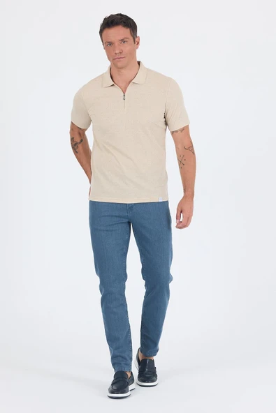 Bej Kısa Kol Düz Suprem Polo Yaka Cepsiz Pamuklu Casual Slim Fit Tişört 1011250162_591 - Resim 2