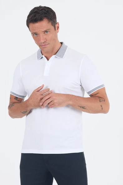 Beyaz Polo Yaka Kısa Kol Cepsiz Slim Fit :%100 Pamuk Tişört 1011250182 - Resim 3