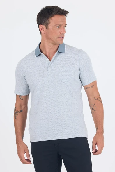 Gri Kısa Kol Polo Yaka Cepli Classic Standart Beden Tişört 1011250171 - Resim 3