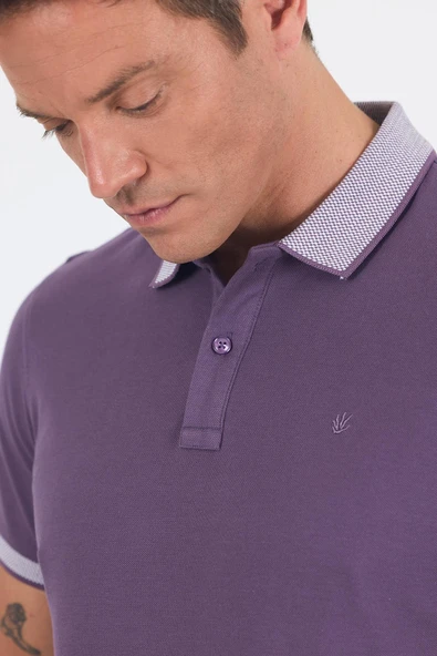 Mor Polo Yaka Kısa Kol Cepsiz Slim Fit :%100 Pamuk Tişört 1011250182 - 4