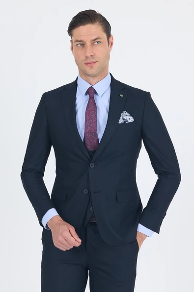 Lacivert Düz Bez Ayağı Mono Yaka 2 Düğme 6 Drop Slim Fit Basic Takım Elbise 1001250186_206 - Resim 2