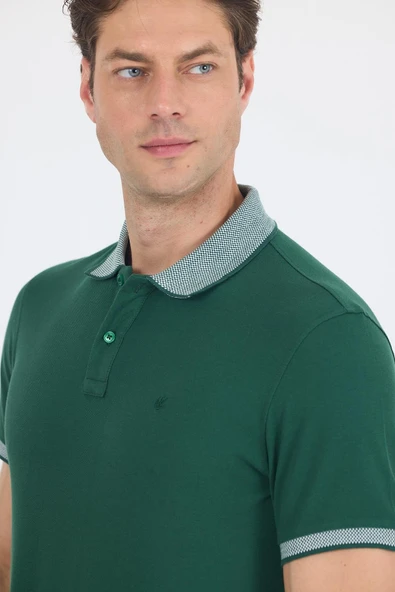 Koyu Yeşil Polo Yaka Kısa Kol Cepsiz Slim Fit :%100 Pamuk Tişört 1011250182 - Resim 4