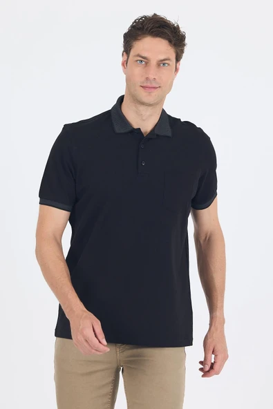 Siyah Polo Yaka Kısa Kol Cepli Comfort Fit :%100 Pamuk Tişört 1011250181 ürün görseli 1