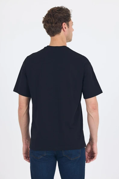 Siyah Kısa Kol Bisiklet Yaka Kapaklı Cep Pamuk Casual Oversize Tişört 1011250131 - Resim 5