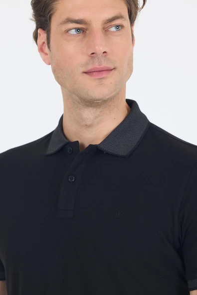 Siyah Polo Yaka Kısa Kol Cepsiz Slim Fit :%100 Pamuk Tişört 1011250182 - Resim 4