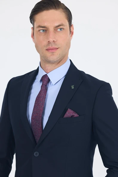 Lacivert Düz Gabardin Kılıç Yaka 2 Düğme Pamuklu 6 Drop Slim Fit Basic Takım Elbise 1001250011_206 - Resim 4