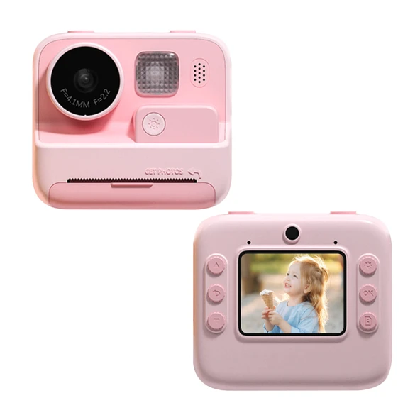 Çocuk Anında Baskı Kamerası 4800W Piksel 2 İnç Ekran Çift Lensli Fotoğraf Makinesi Hafıza Kartı Yok Pembe