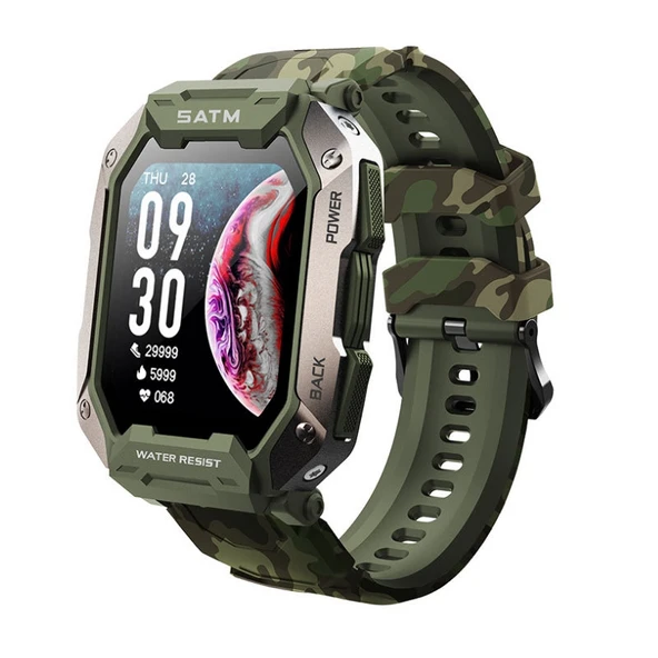 C20Plus 1.81 inç Sağlık Takipli Su Geçirmez Bluetooth Aramalı Akıllı Saat Kamuflaj Yeşil