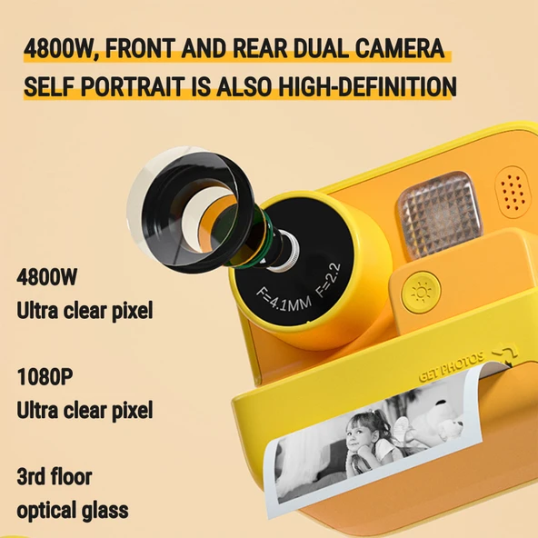 Çocuk Anında Baskı Kamerası 4800W Piksel 2 İnç Ekran Çift Lensli Fotoğraf Makinesi Hafıza Kartı Yok Pembe - 4