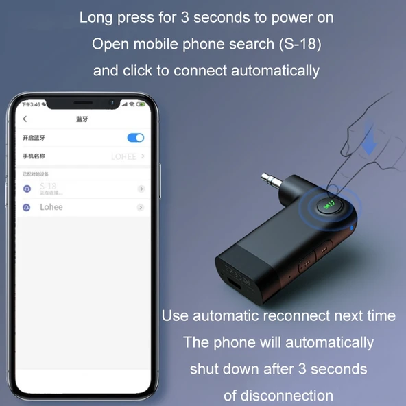 S18 Araç Mini AUX Ses Adaptörü Kablosuz Bluetooth 5.0 Alıcı - 5