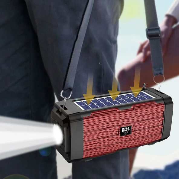 BDL-187 Siyah Güneş Enerjili Kablosuz Bluetooth Hoparlör LED Işıklı Taşınabilir Kamp FM Radyo - 9
