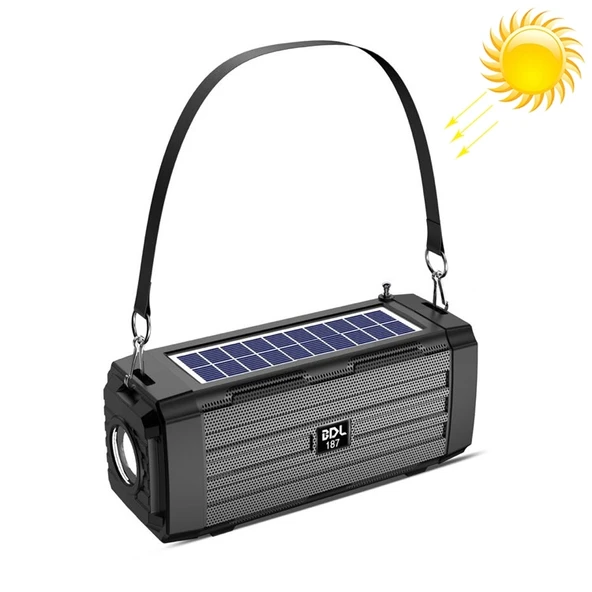 BDL-187 Siyah Güneş Enerjili Kablosuz Bluetooth Hoparlör LED Işıklı Taşınabilir Kamp FM Radyo