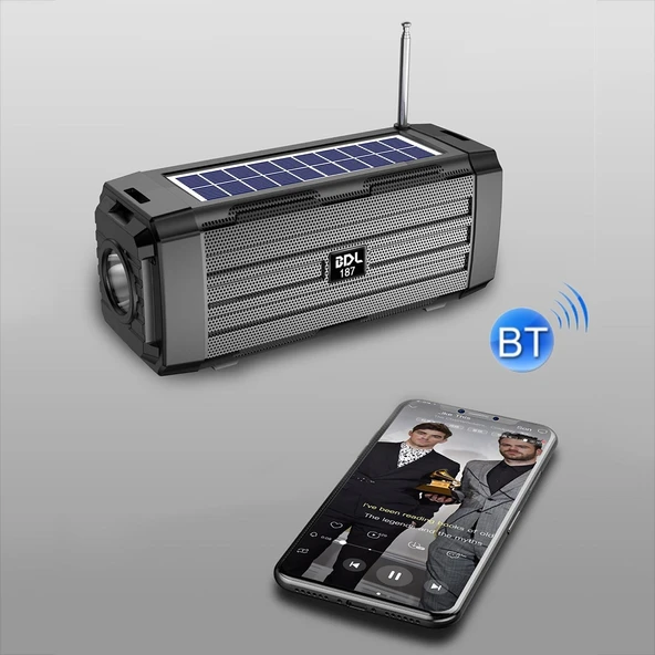BDL-187 Siyah Güneş Enerjili Kablosuz Bluetooth Hoparlör LED Işıklı Taşınabilir Kamp FM Radyo - 7