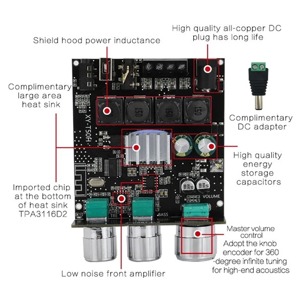 XINYI Sini T50H Bluetooth 5.0 Dijital Güç Modülü Stereo Ön Aşama Yüksek Seviyeli Ayar - 6