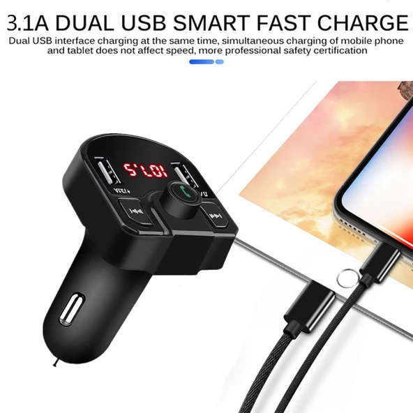 M9 Modeli Siyah Bluetooth MP3 Çift USB Araç Şarj Cihazı - 7