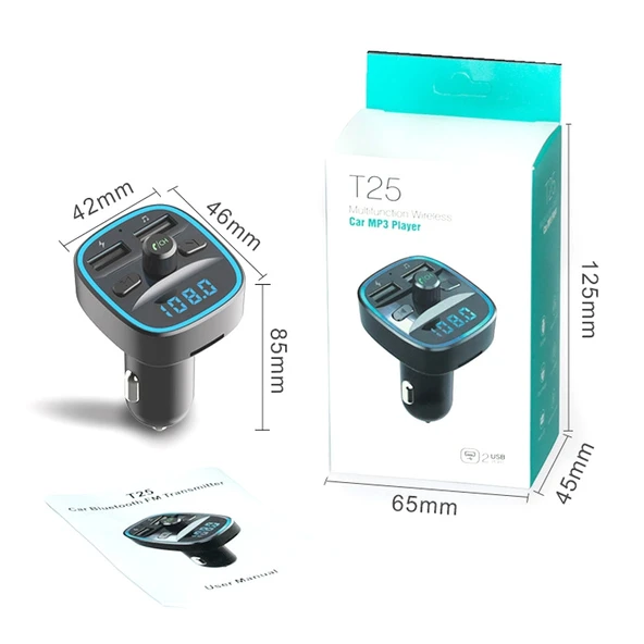 T25 Model Araç MP3 Bluetooth Çalar ve Şarj Cihazı Mavi Ortam Işığı - 3