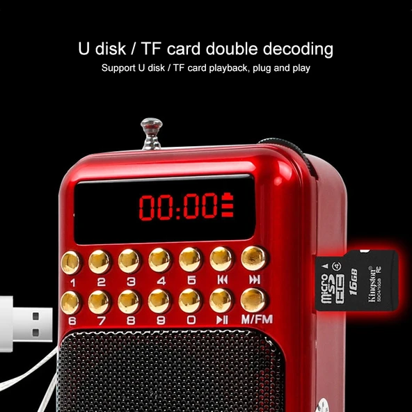 Taşınabilir Şarjlı FM Radyo Alıcısı Hoparlör Kırmızı USB TF Kart Destekli MP3 Çalar - 8