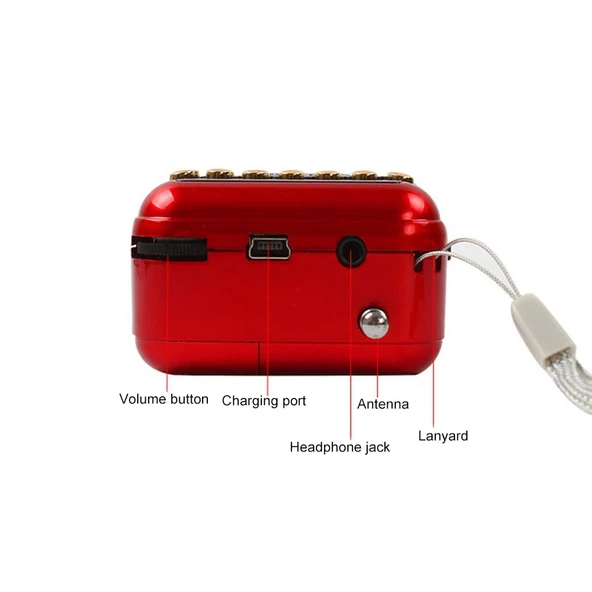 Taşınabilir Şarjlı FM Radyo Alıcısı Hoparlör Kırmızı USB TF Kart Destekli MP3 Çalar - 3